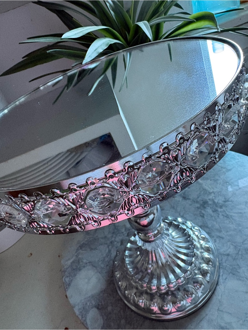 Decorative Silver-Tone Pedestal Cake Stand with Mirror Top - Picture 2 of 5